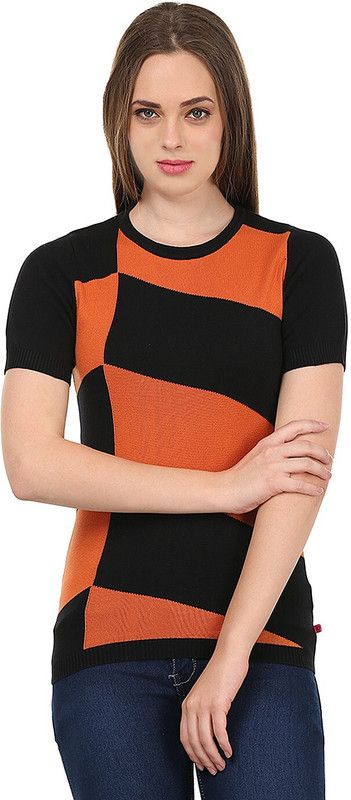 Women Woven Crew Neck Black Sweater