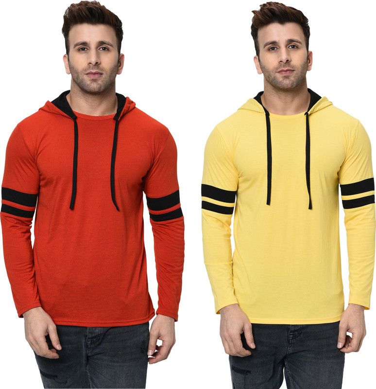 Pack of 2 FZN Men Solid Hooded Neck Cotton Blend Red, Yellow T-Shirt