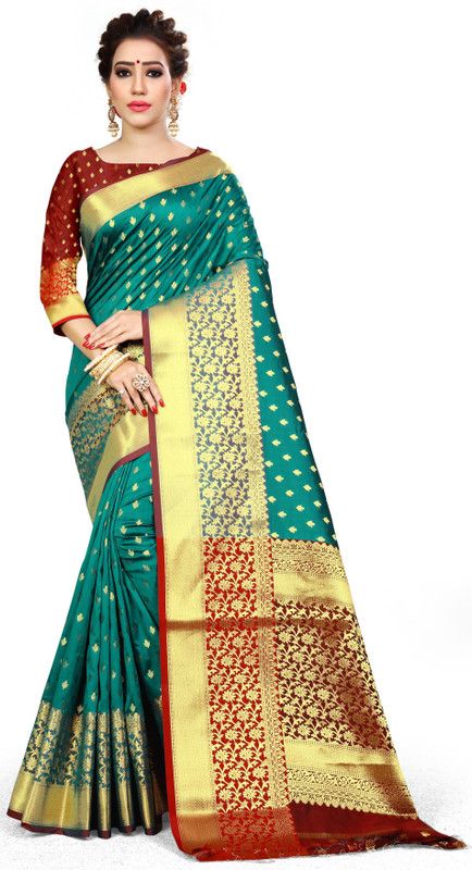 Woven Kanjivaram Art Silk Saree  (Dark Green)