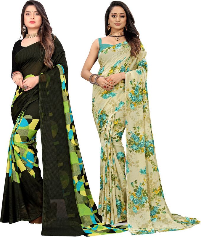 Floral Print, Paisley, Geometric Print Daily Wear Georgette Saree  (Pack of 2, Dark Green, Green, Multicolor)