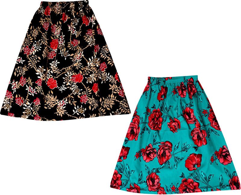 Girls Floral Print Flared Green, Black Skirt