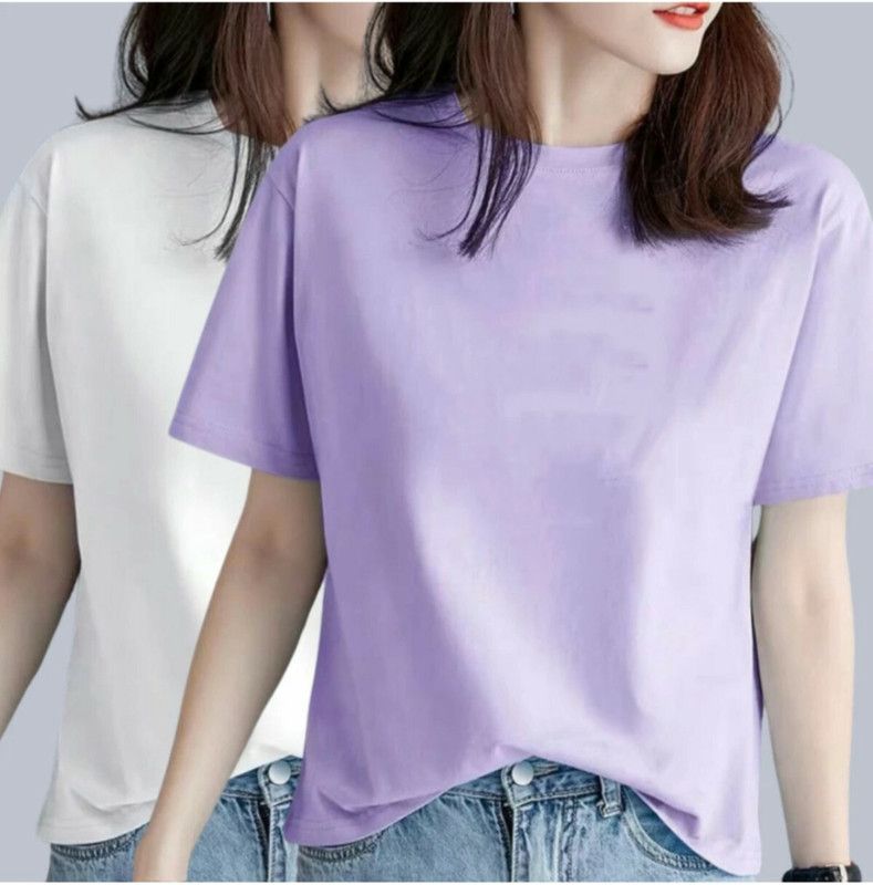 Pack of 2 Women Solid Round Neck Cotton Blend Purple, White T-Shirt