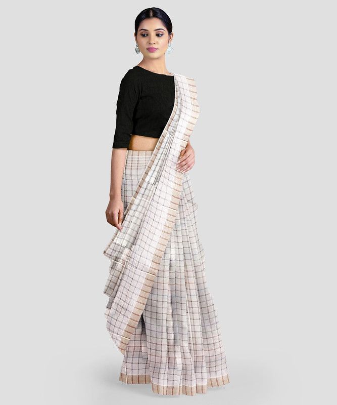 Woven, Checkered Kasavu Silk Blend, Pure Cotton Saree  (Cream)