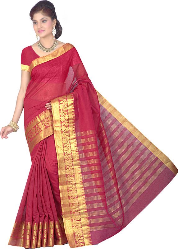 Woven Kota Doria Cotton Blend Saree  (Maroon)