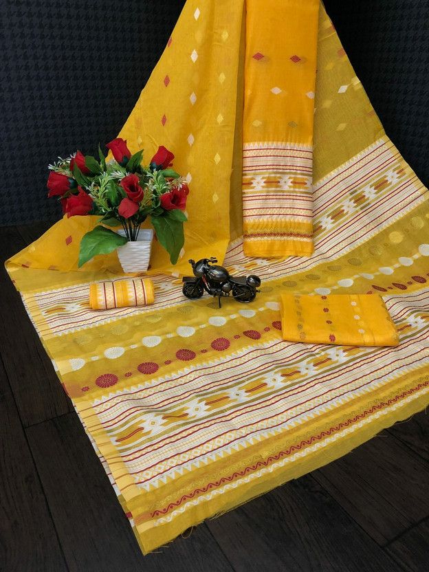 Embellished, Embroidered, Self Design, Woven Chanderi Chanderi, Cotton Blend Saree  (Yellow)