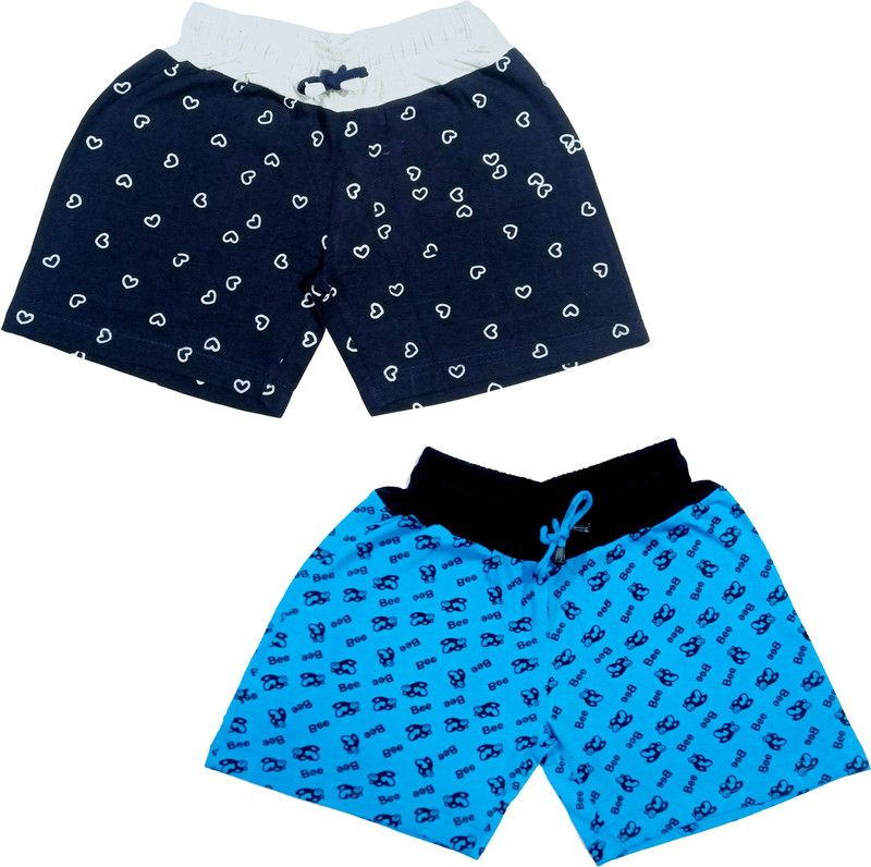 Short For Girls Casual Printed Cotton Blend  (Dark Blue, Pack of 2)