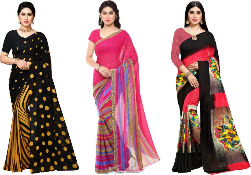 Paisley, Ombre, Geometric Print, Floral Print Daily Wear Georgette Saree  (Pack of 3, Multicolor, Pink)