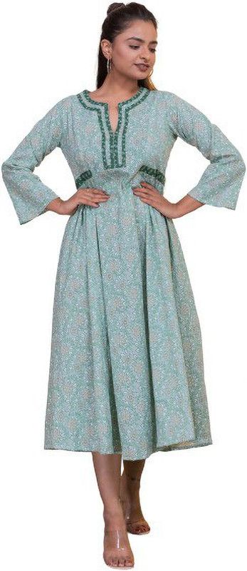 Women Floral Print Cotton Blend A-line Kurta  (Green)