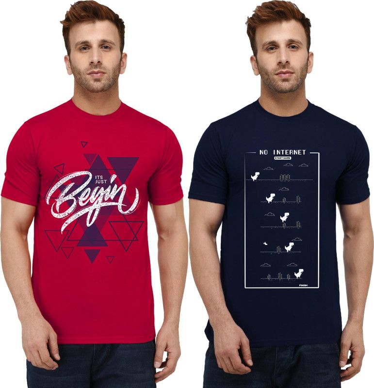 Pack of 2 Printed Men Round Neck Red, Dark Blue T-Shirt Pack of 2 Men Printed Round Neck Pure Cotton Dark Blue, Red T-Shirt