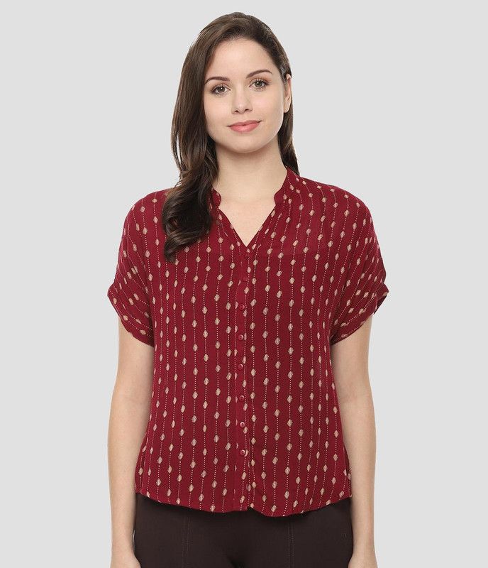 Casual Regular Sleeves Printed Women Maroon, Beige Top