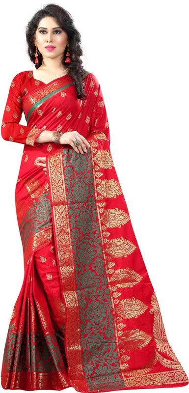 Embellished, Woven Kanjivaram Handloom Cotton Blend Saree  (Red, Green)