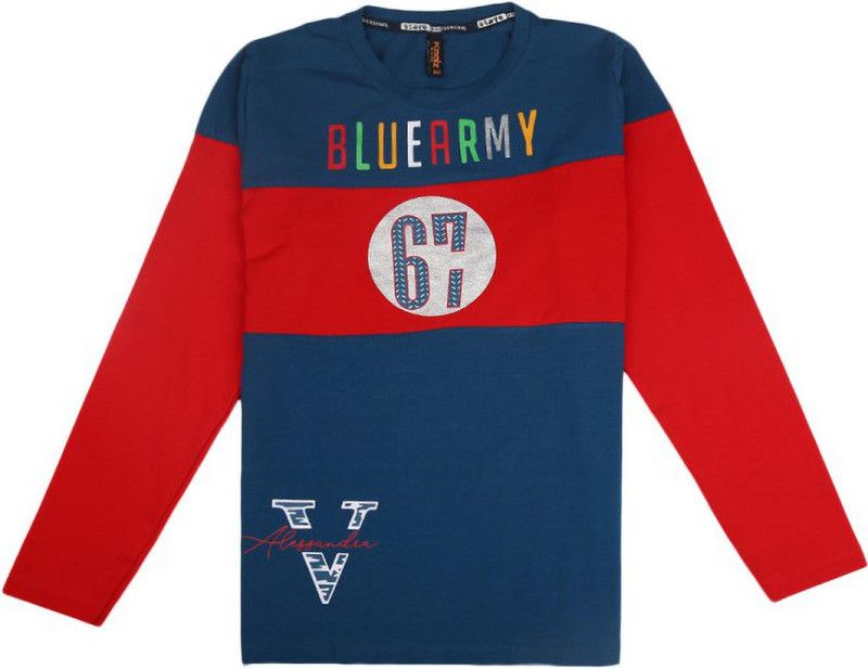 Boys Printed, Colorblock Pure Cotton T Shirt  (Dark Blue, Pack of 1)