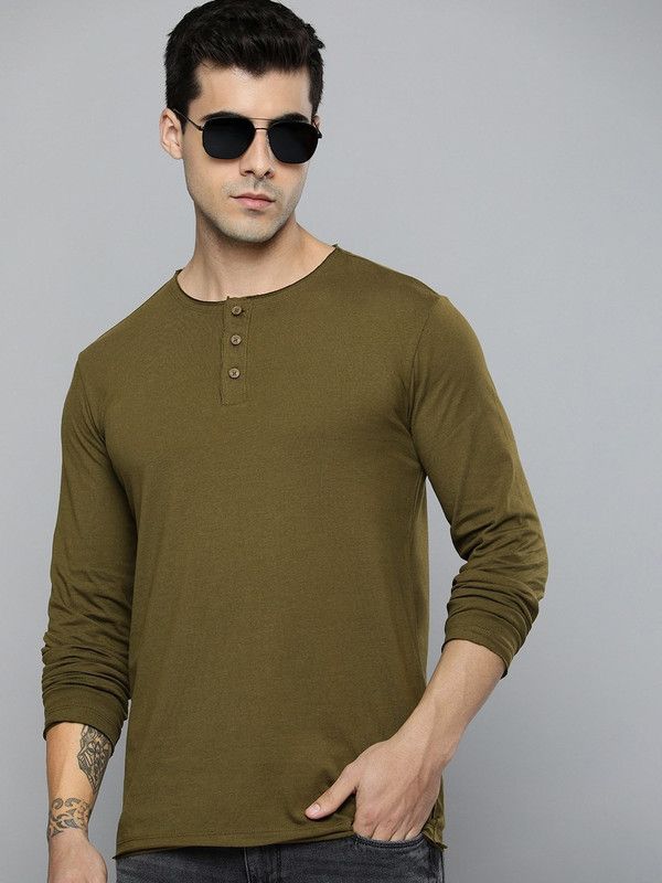 Levi's Men's Regular Fit Henley Neck Tee Men Solid Henley Neck Pure Cotton Green T-Shirt