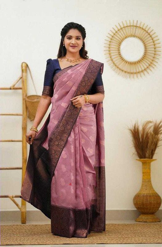 Woven, Self Design Kanjivaram Jacquard, Pure Silk Saree  (Pink, Dark Blue)