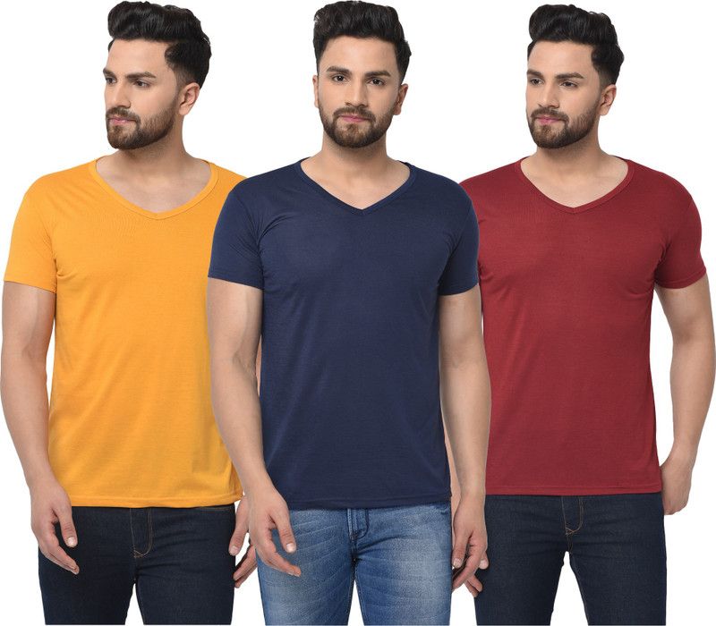 Pack of 3 V neck Combo T-shirts Multicolor Men Solid V Neck Cotton Blend Dark Blue, Maroon, Yellow T-Shirt