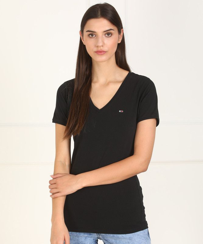 TJW SHORTSLEEVE STRETCH TEE Women Solid V Neck Cotton Blend Black T-Shirt