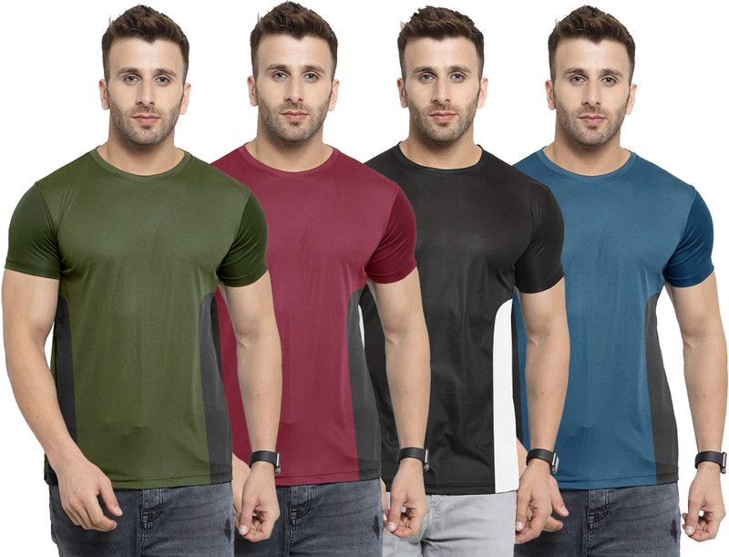 Pack of 4 Men Solid Round Neck Polyester Dark Green, Maroon, Black, Blue T-Shirt