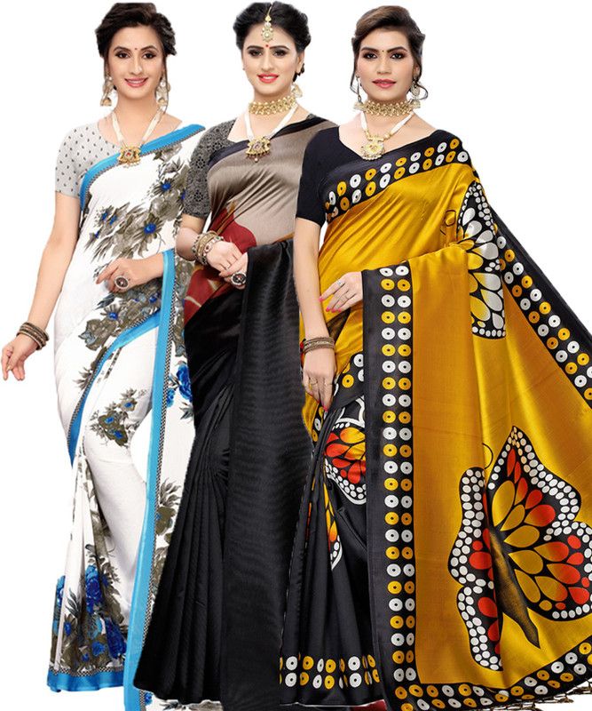 Floral Print Bollywood Georgette Saree  (Pack of 3, Light Blue, White, Black)