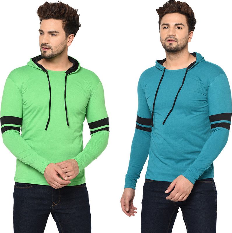 Pack of 2 MZM Men Solid Hooded Neck Cotton Blend Green T-Shirt