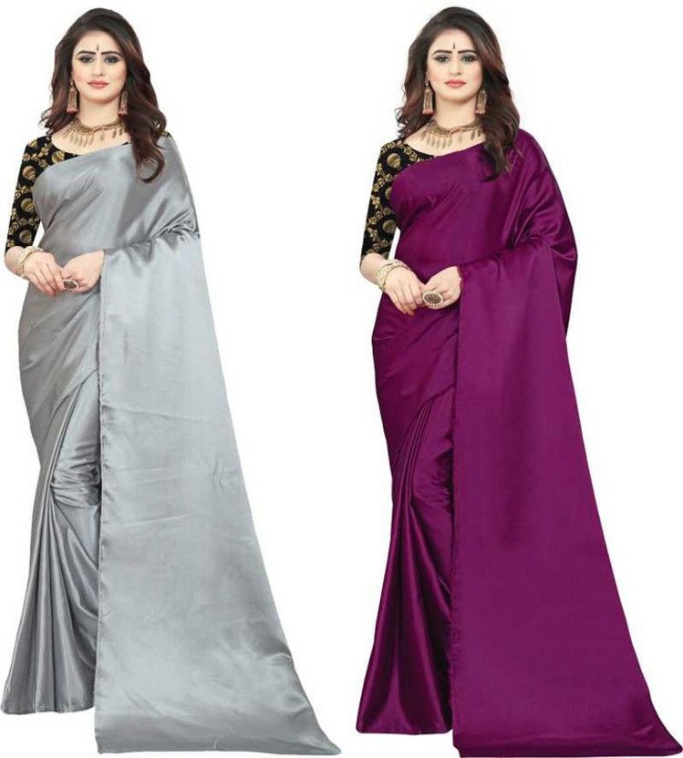 Solid/Plain Bollywood Satin Saree  (Pack of 2, Purple, Grey)