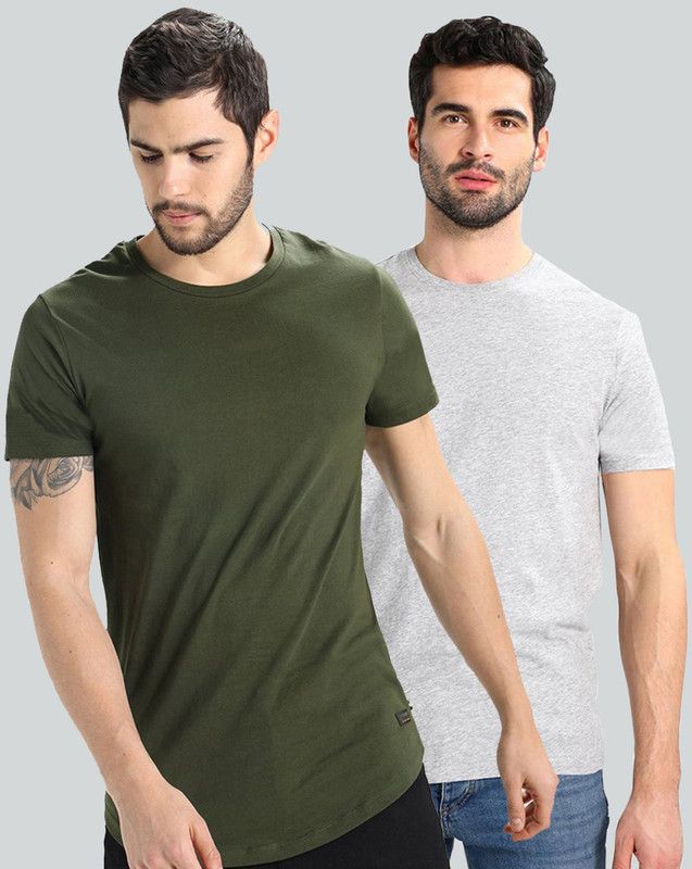 Pack of 2 HS-PLAIN Men Solid Round Neck Pure Cotton Green, Grey T-Shirt