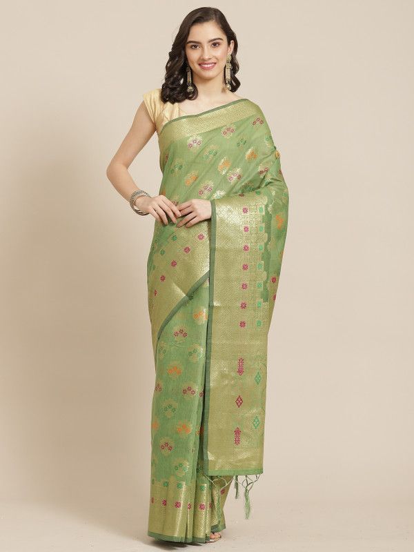 Self Design, Embellished, Woven Chanderi Cotton Silk, Jacquard Saree  (Green)