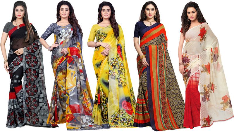 Printed Daily Wear Georgette Saree  (Pack of 5, Blue, Black, Orange, Grey, Yellow)