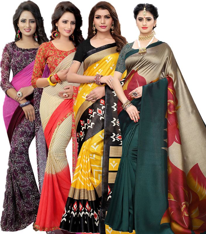 Printed Bollywood Georgette Saree  (Pack of 4, Purple, Dark Green, Red, Yellow)