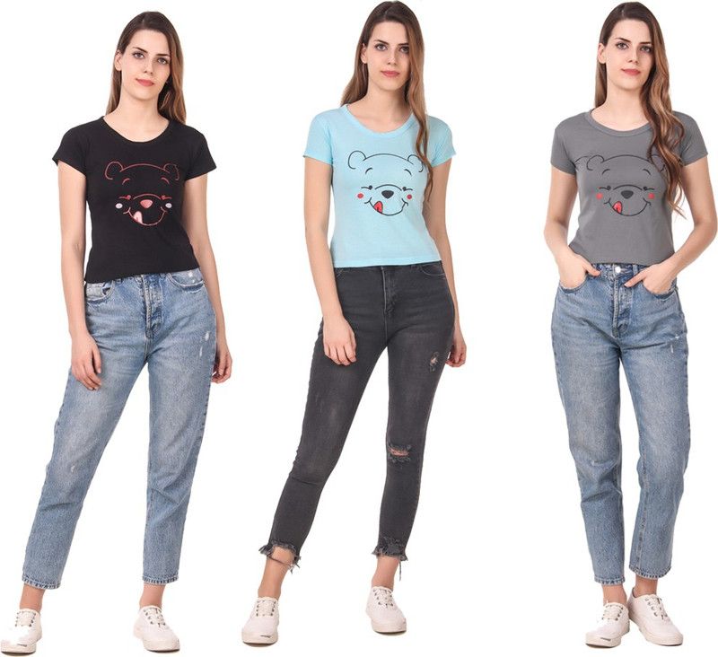 Pack of 3 Women Printed Round Neck Cotton Blend Light Blue, Black, Grey T-Shirt