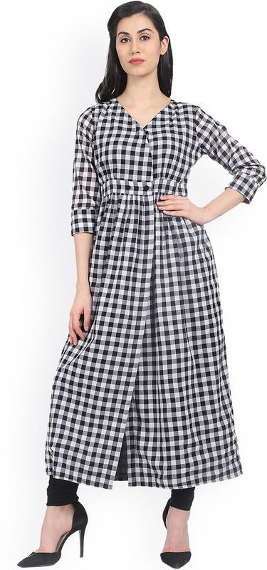 Women Checkered Cotton Blend Frontslit Kurta  (White, Black)