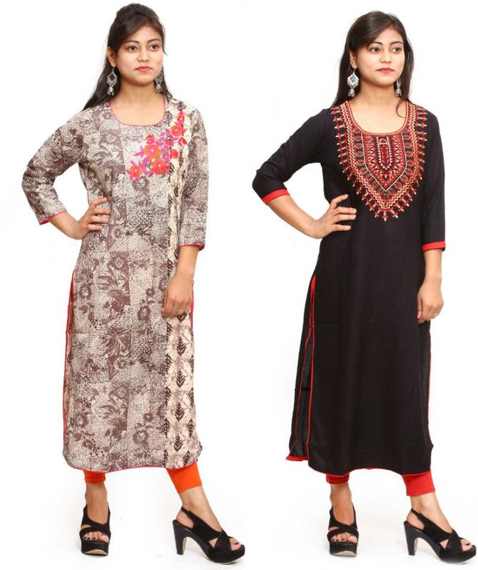 Pack of 2 Women Printed, Embroidered Pure Cotton Straight Kurta  (Black)