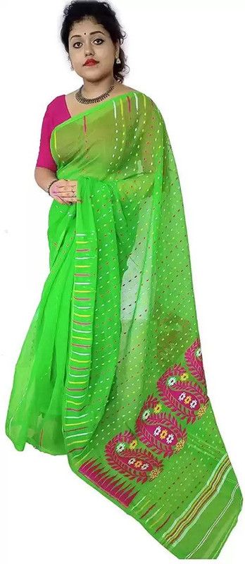 Embroidered Jamdani Cotton Silk Saree  (Green)
