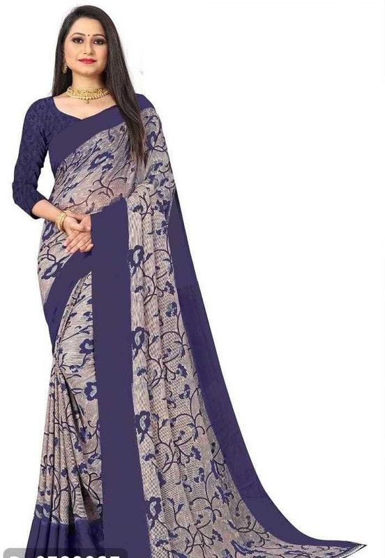 Printed Lucknow Chikankari Cotton Silk Saree  (Blue)