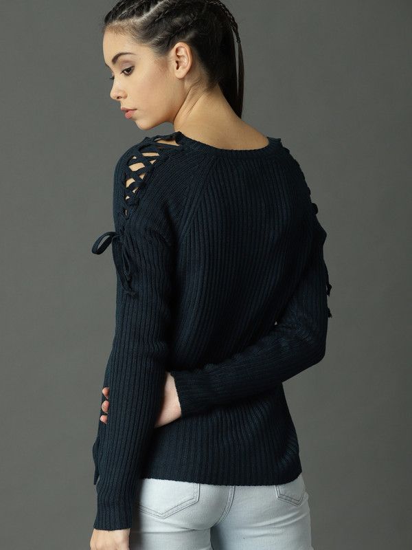 Women Self Design V-neck Blue Sweater