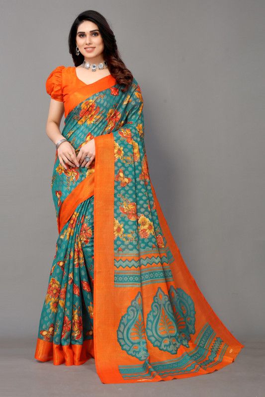 Bollywood Chiffon, Brasso Saree  (Green, Orange)