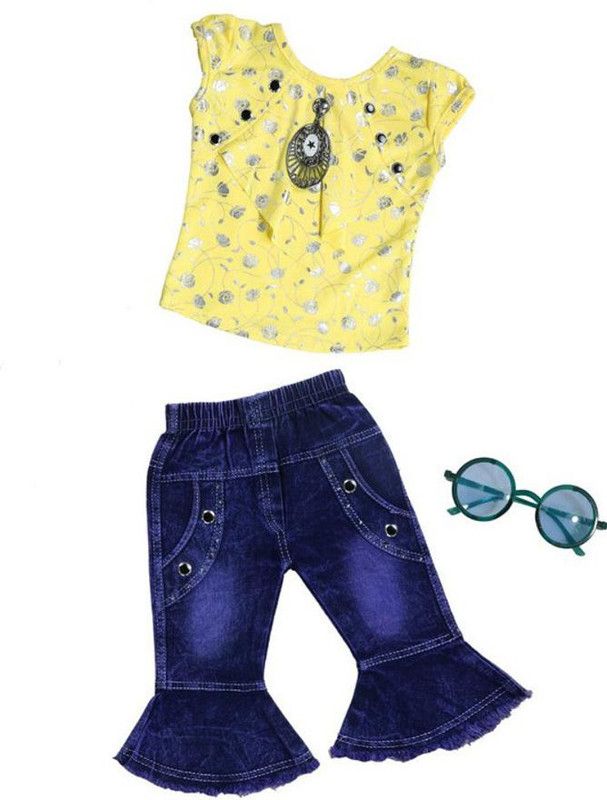 Girls Barbie Casual Top Pant  (Yellow)