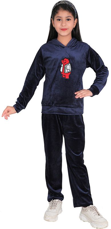 Girls Printed Velvet Kids Nightwear  (Dark Blue Pack of 1)