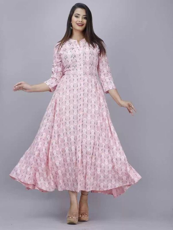 Women Abstract Viscose Rayon Gown Kurta  (Pink)