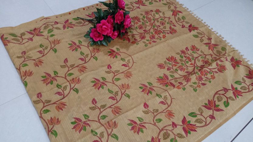 Printed Bollywood Cotton Blend Saree  (Beige, Multicolor)