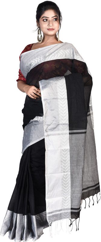 Handloom Pure Cotton Saree  (Black)