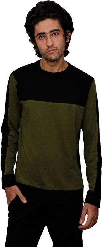Men Colorblock Round Neck Pure Cotton Dark Green, Black T-Shirt