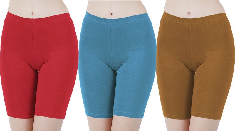Pack of 3 Solid Women Red, Blue, Brown Cycling Shorts