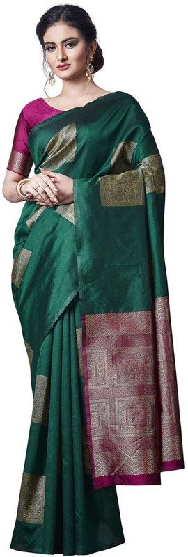Woven Banarasi Pure Silk Saree  (Green, Pink)