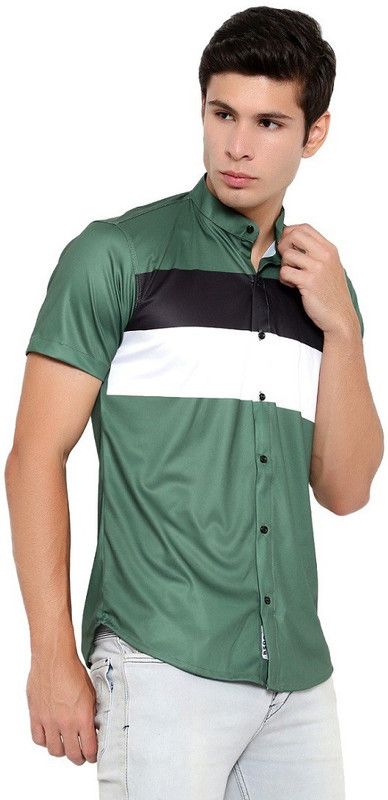 Men Regular Fit Color Block Ribbed Collar Casual Shirt