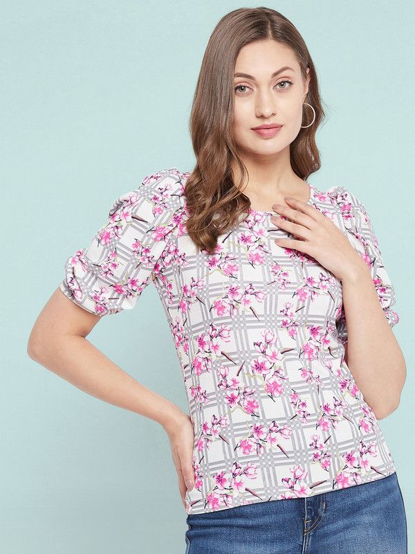 Casual Puff Sleeves Polka Print Women Pink Top