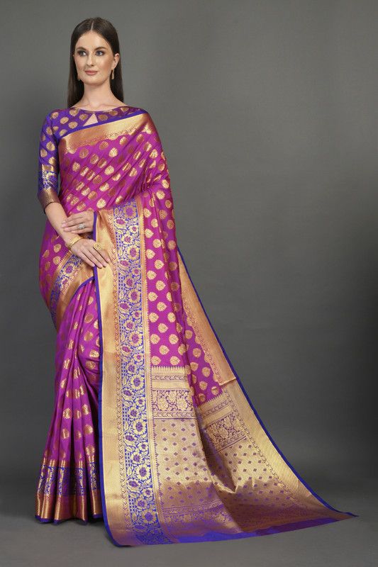 Banarasi Cotton Blend Saree  (Pink, Blue)