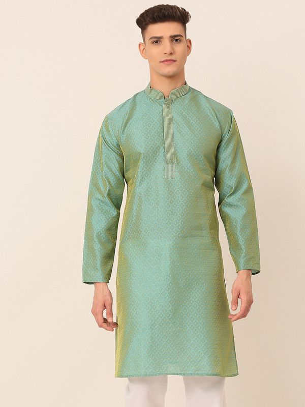 Men Embroidered Silk Blend Straight Kurta  (Green)