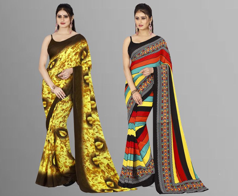 Floral Print, Paisley, Geometric Print Daily Wear Georgette Saree  (Pack of 2, Red, Blue, Yellow, Yellow, Brown)