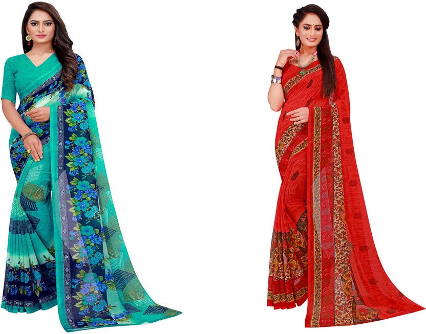 Printed Daily Wear Georgette Saree  (Pack of 2, Dark Green, Red)