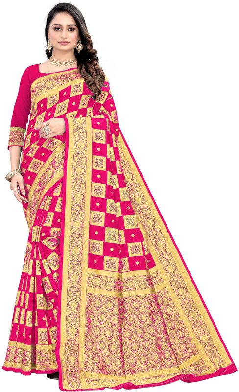 Blocked Printed Banarasi Silk Blend Saree  (Magenta)